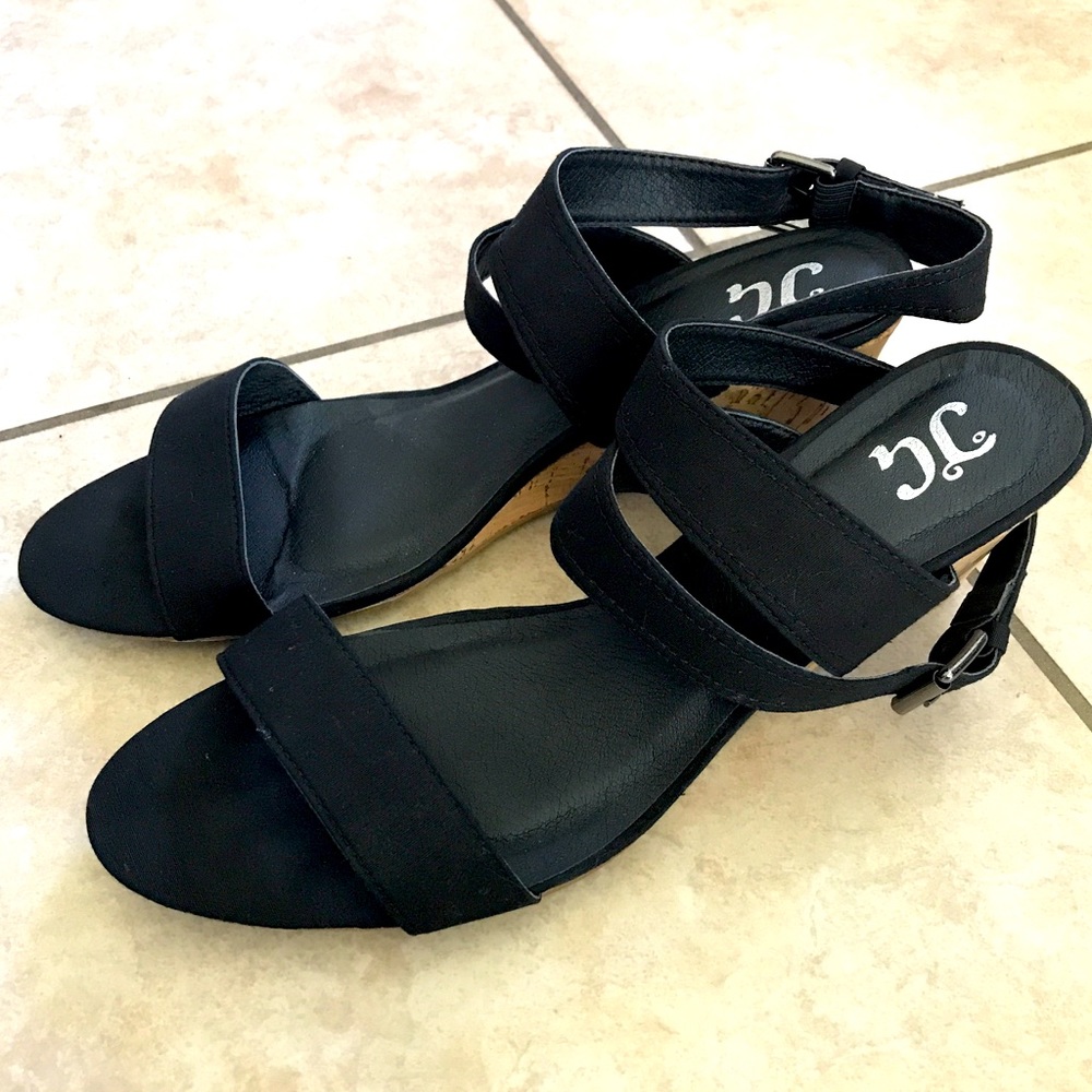 Gently Used Cork Wedge Sandals with Black Straps